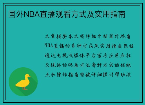 国外NBA直播观看方式及实用指南